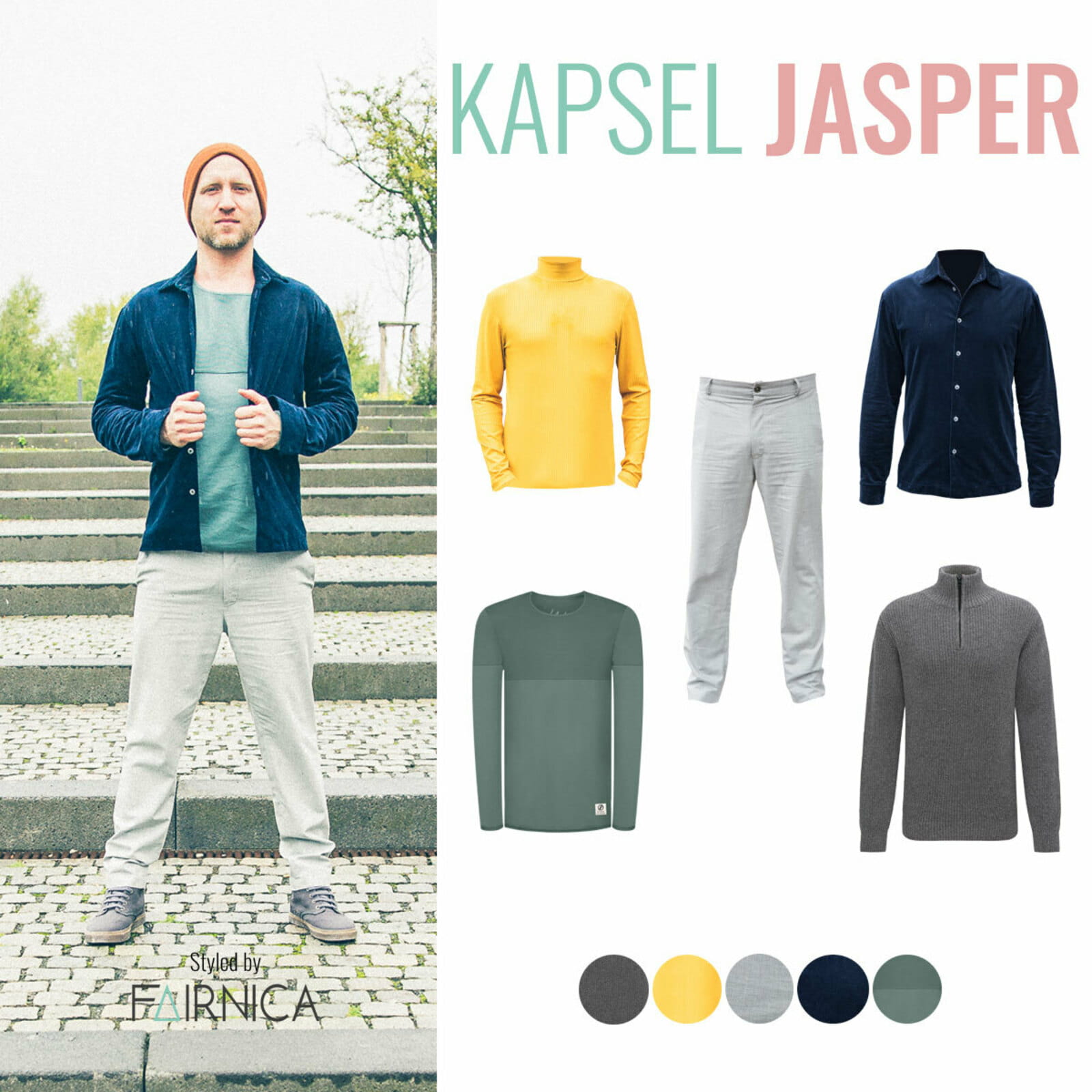 Übersicht aller Kleidungsstücke aus Kapsel Jasper auf der rechten Seite des Bilds. Links steht ein männliches Model mit der grauen Stoffhose, dem grünen Pulli und dem blauen Hemd aus Kapsel Jasper. Er trägt dazu eine gelbe Beanie-Mütze.